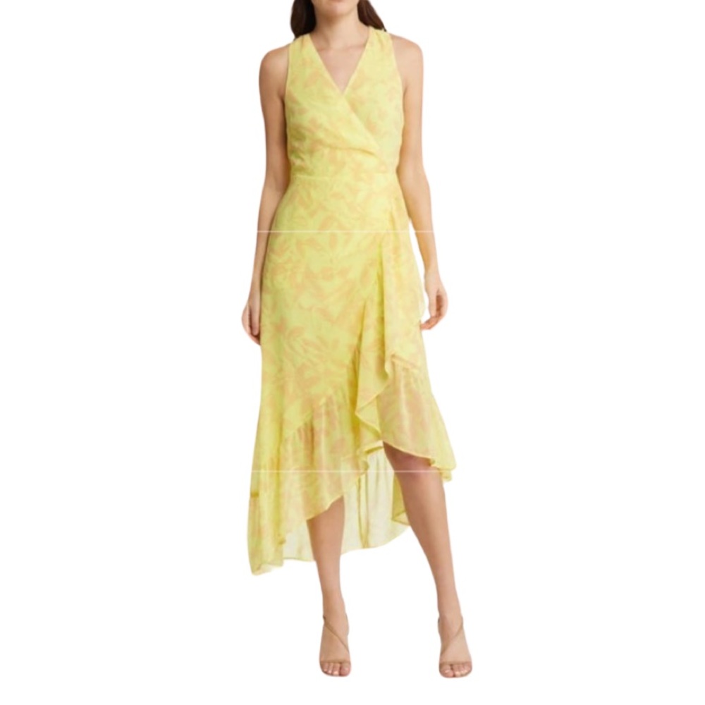NWT Chelsea28 Floral Print Asymmetric Faux Wrap Dress Yellow Large - Picture 3 of 6